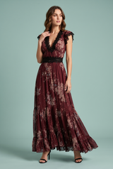 Floral Red V-Neck Ruffle Maxi Dress