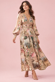 Robe longue beige à col V et manches bouffantes | Vue de face | Lounelle Paris