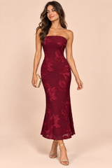 Burgundy Lace Bandeau-Neck Midi Dress With Collar Detail