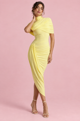 Yellow Asymmetric Twisted Cape Midi Dress