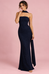 Dark Blue Lace Bandeau Maxi Dress With Scarf-Detail