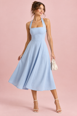 Light blue skater-style midi dress with a square neckline