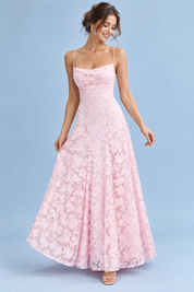 Robe longue fleurie rose à col bénitier | Vue de face | Lounelle Paris