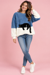 Oversized Blue Cat Graphic Sweater
