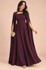 Burgundy Square-Neck Maxi Dress With Cape Sleeves