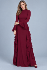 Burgundy Ruffle Bell Sleeve Maxi Dress