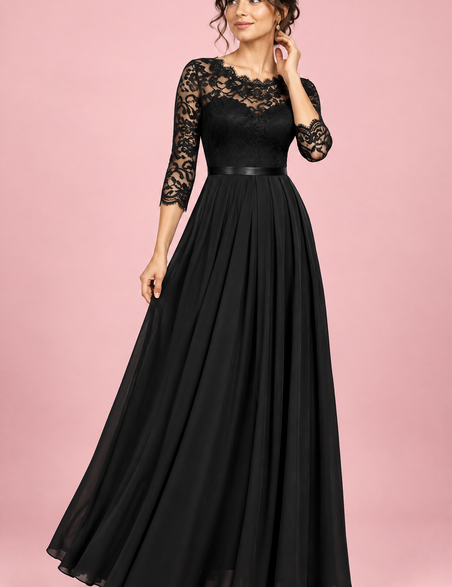 Robe longue noire à empiècement en dentelle | Vue de face | Lounelle Paris