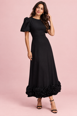 Black Puff Sleeve Ruffle Maxi Dress