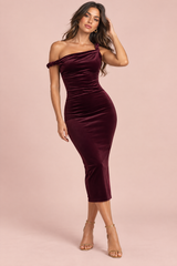 Burgundy Velvet Twisted Asymmetric Maxi Dress