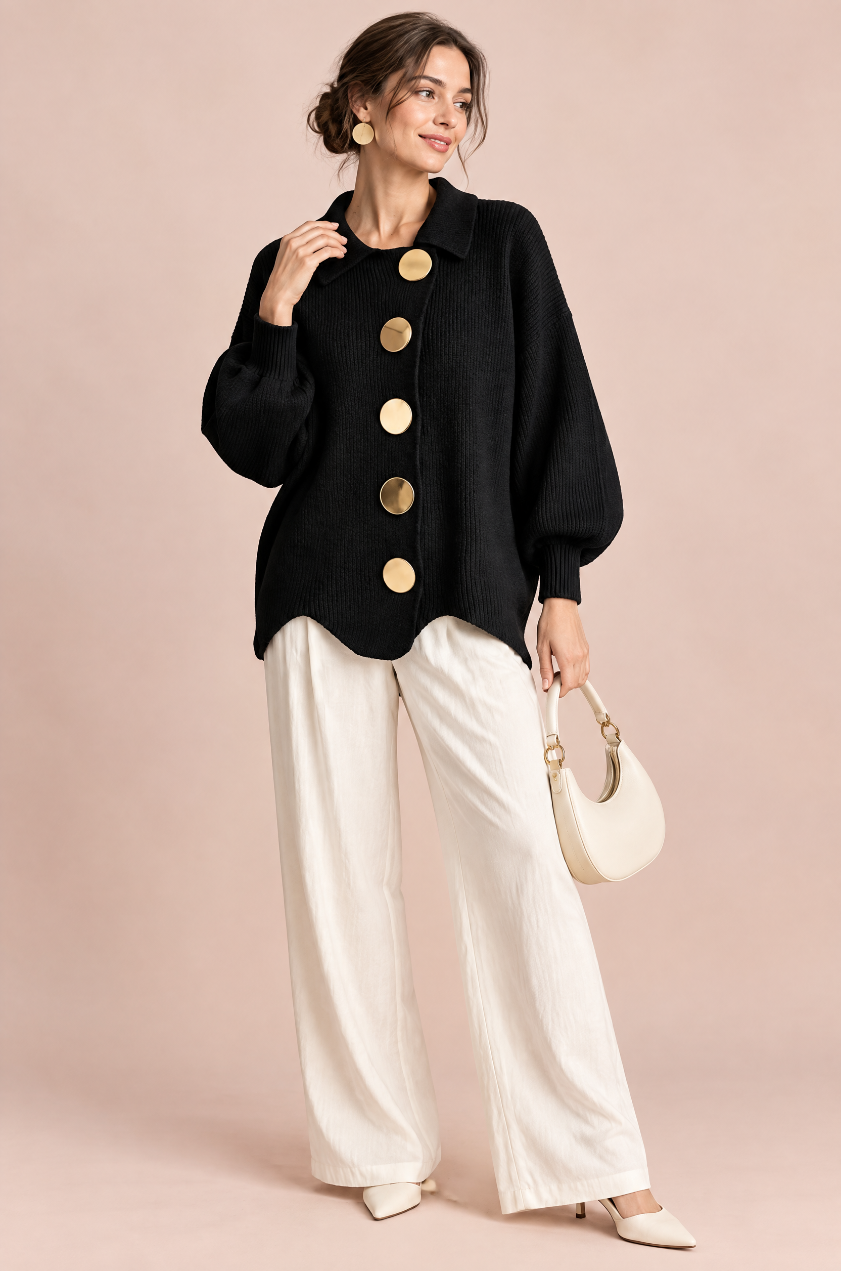 Cardigan oversize noir à col | Vue de face | Lounelle Paris