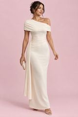 Cream Asymmetric Midi Dress With Drape