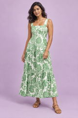 Green Porcelain Print Square-Neck Maxi Dress