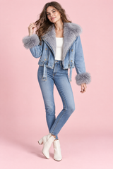 Blue Cropped Fitted Fur-Collar Moto Jacket