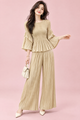 Pleated Beige Wide-Leg Trouser Set