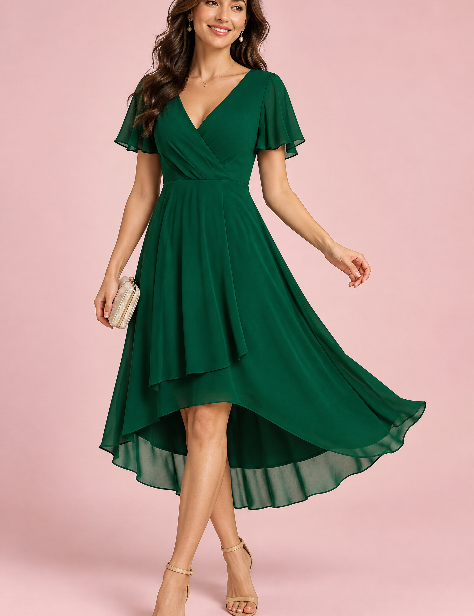 Robe vert foncé à manches volantées et ourlet asymétrique | Vue de face | Lounelle Paris