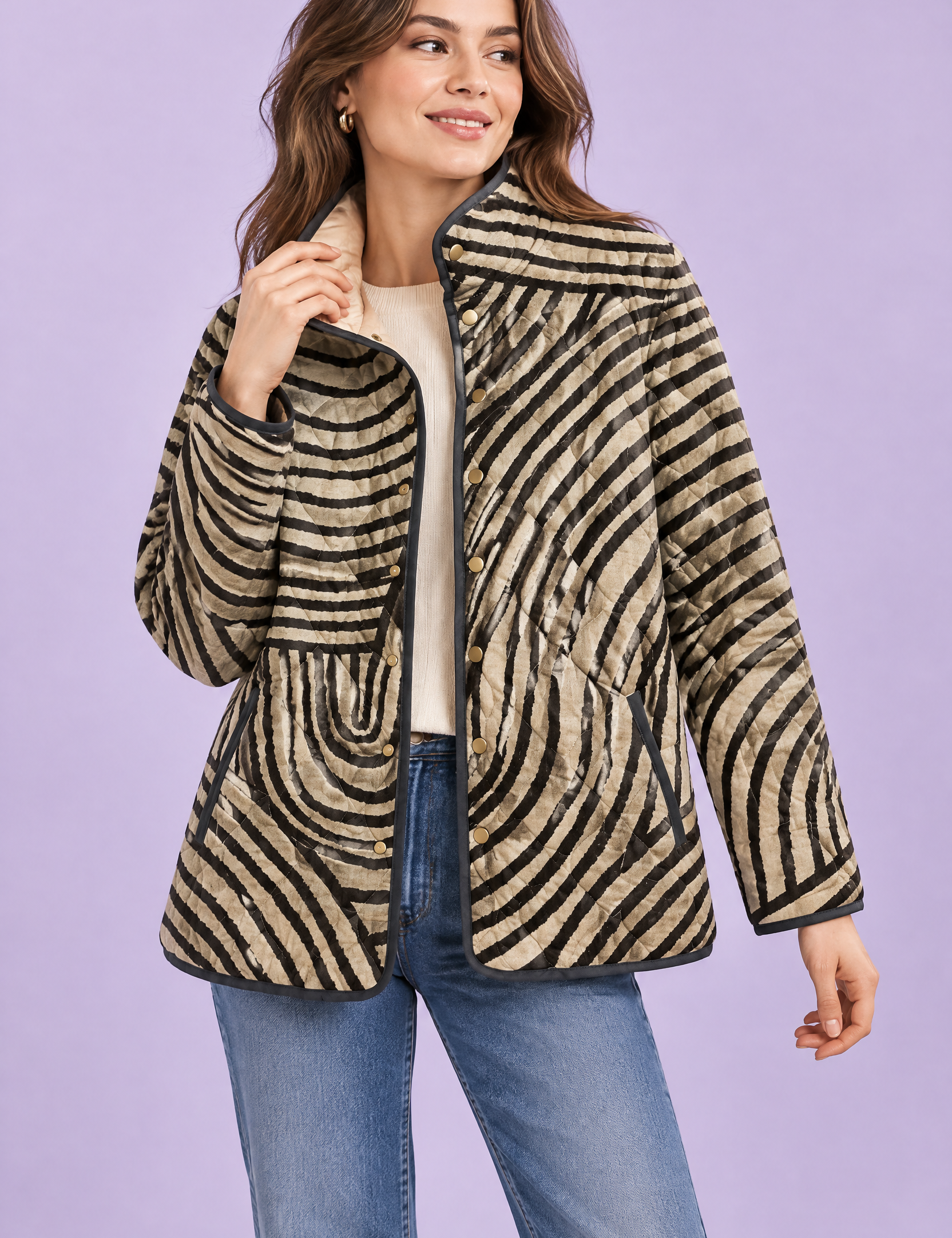 Veste matelassée beige à col montant | Vue de face | Lounelle Paris