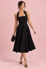 Black skater-style midi dress with a square neckline