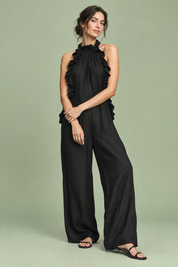 Robe longue noire à volants et encolure américaine | Vue de face | Lounelle Paris