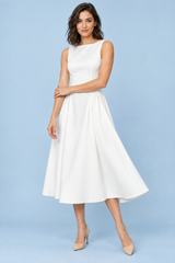 White Boat Neck A-Line Dress
