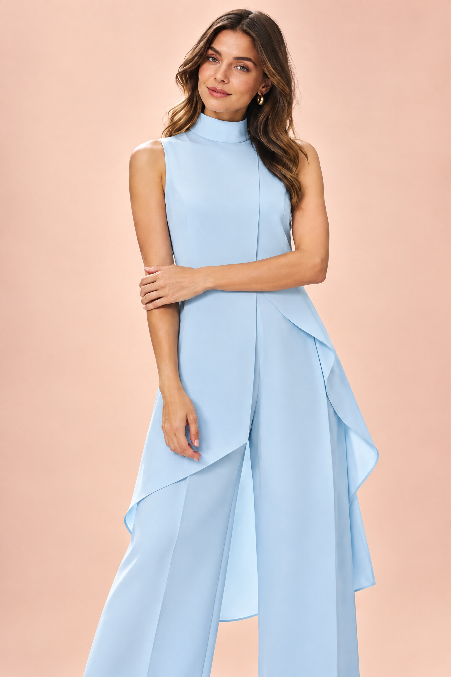 Ensemble pantalon bleu fluide avec top sans manches à col montant | Vue rapprochée | Lounelle Paris