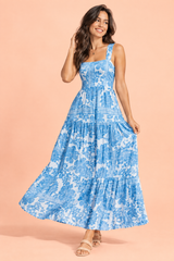 Blue Porcelain Print Square-Neck Midi Dress