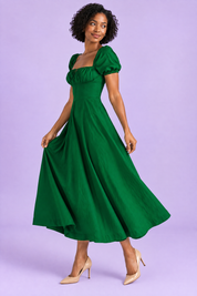 Robe midi vert foncé à coupe trapèze et encolure carrée | Vue de dos | Lounelle Paris