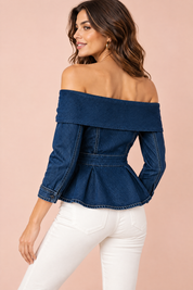 Blouse bleu foncé à épaules dénudées et basque | Vue de dos | Lounelle Paris