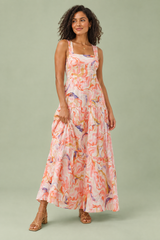 Pink Porcelain Print Square-Neck Midi Dress