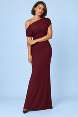 Burgundy Bardot-Neck Maxi Dress With Twist Strap