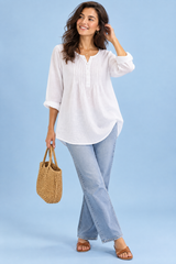White Cotton Scoop-Neck Pleated Blouse