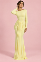 Yellow Wide-Neck Maxi-Dress With Gathered-Detailing