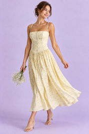 Robe longue jaune à corset | Vue en mouvement | Lounelle Paris