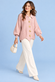 Cardigan oversize rose poudré à col | Vue en mouvement | Lounelle Paris