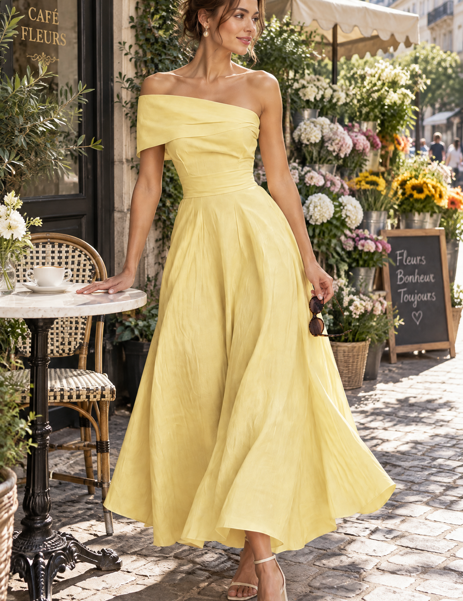 Robe asymétrique jaune à épaules dénudées | Photo lifestyle | Lounelle Paris