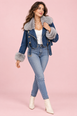 Dark Blue Cropped Fitted Fur-Collar Moto Jacket