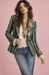 Green Fitted Floral Stripe Blazer