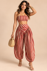 Striped Pleated Set in Dark Red