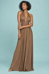 Brown Halter-Neck Wrap Maxi Dress With Gold Detail