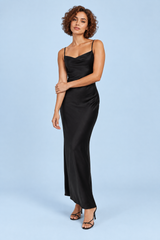 Black Satin Maxi Dress with Cowl Neck and Spaghetti Straps