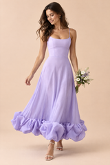 Lilac Fit-and-Flare Ruffle-Hem Midi Dress