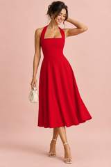 Red skater-style midi dress with a square neckline