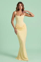 Yellow Ruched Square-Neck Maxi Dress