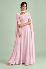 Pink Square-Neck Maxi Dress With Cape Sleeves