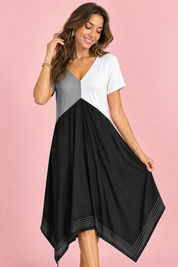 Robe midi noire asymétrique à col V | Vue rapprochée | Lounelle Paris