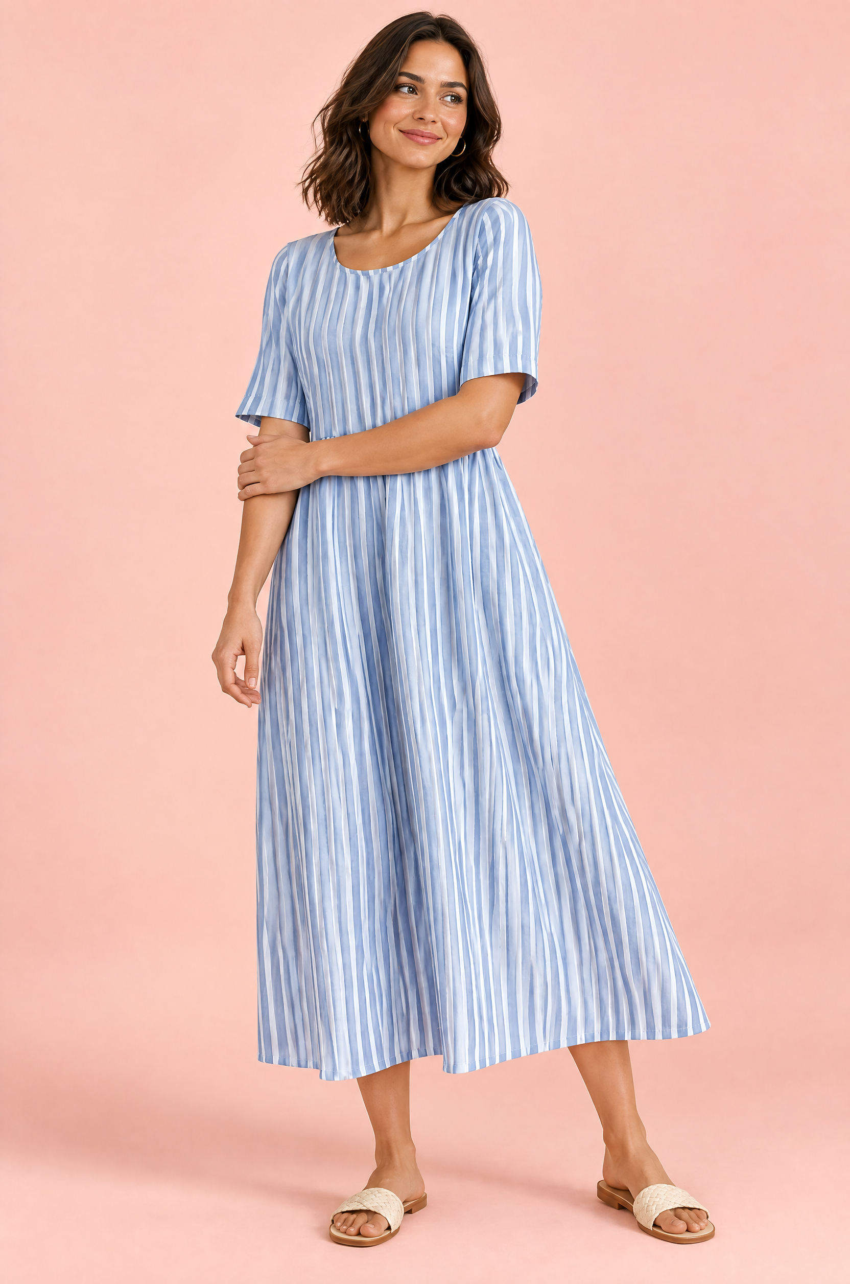 Robe midi trapèze à motif floral bleu clair | Porté sur une autre silhouette | Lounelle Paris