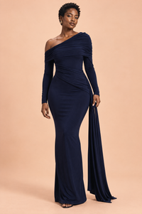 Navy Blue One-Shoulder Asymmetric Maxi Dress with Draped Detail - Bleu marine / XS