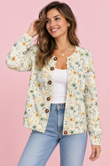 Off White Floral Buttoned Cardigan