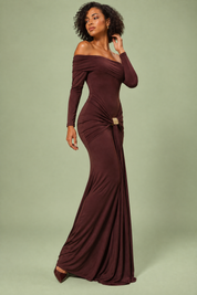 Robe longue bordeaux asymétrique à fronces et drapé | Vue de dos | Lounelle Paris