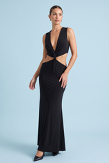 Black Asymmetric-Neck Maxi Dress With Body Cut-Outs And Gold Detailing