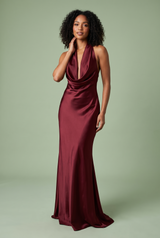 Burgundy Backless Cowl Neck Fishtail Maxi Dress